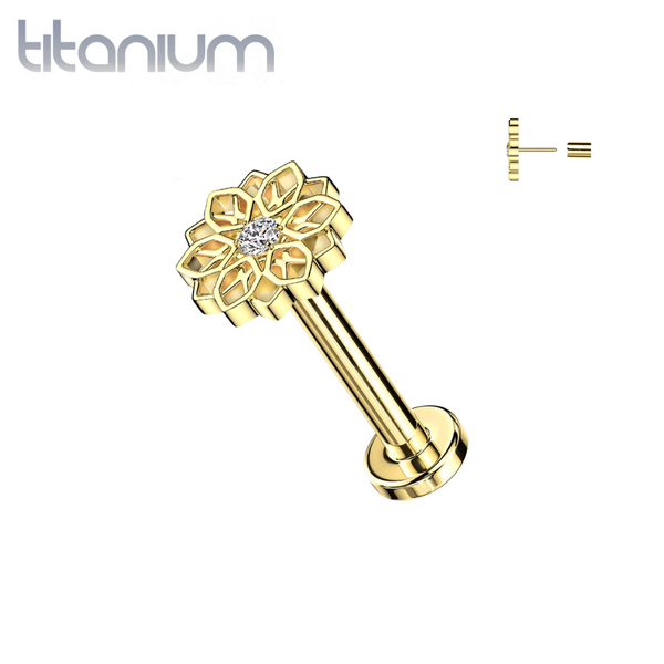 Implant Grade Titanium Gold PVD White CZ Large Flower Threadless Push In Labret - Pierced Universe
