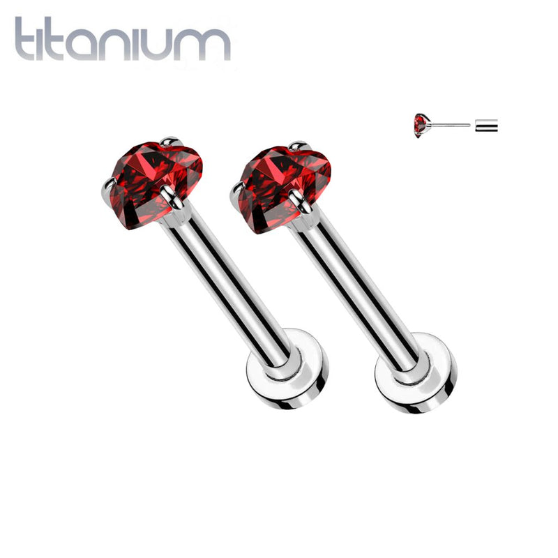 Pair of Implant Grade Titanium Red CZ Heart Shaped Gem Threadless Push In Earrings With Flat Back - Pierced Universe