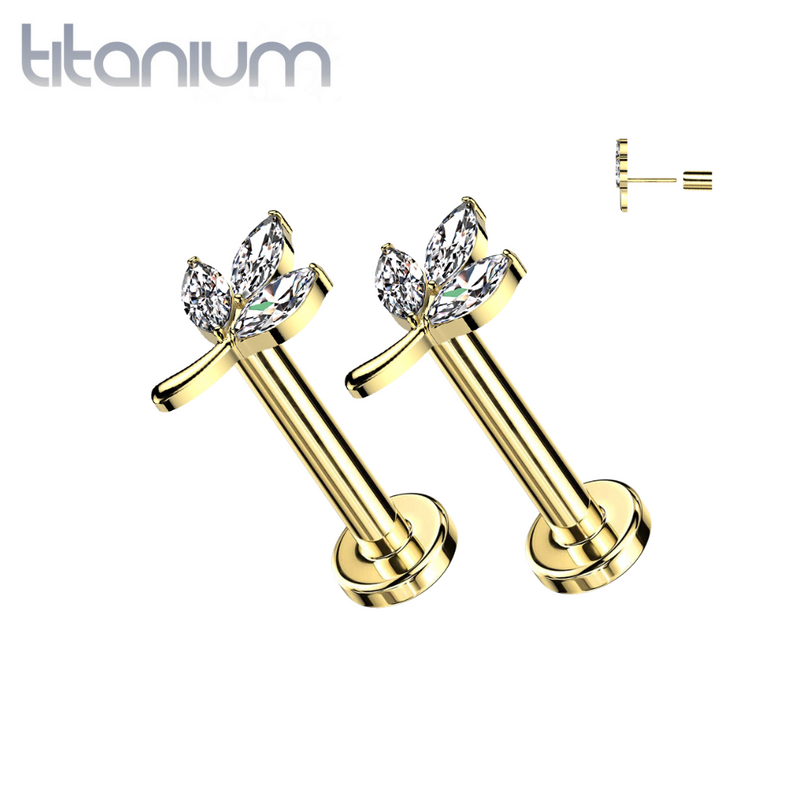 Pair of Implant Grade Titanium Gold PVD White CZ Leaf Threadless Push In Earrings With Flat Back - Pierced Universe