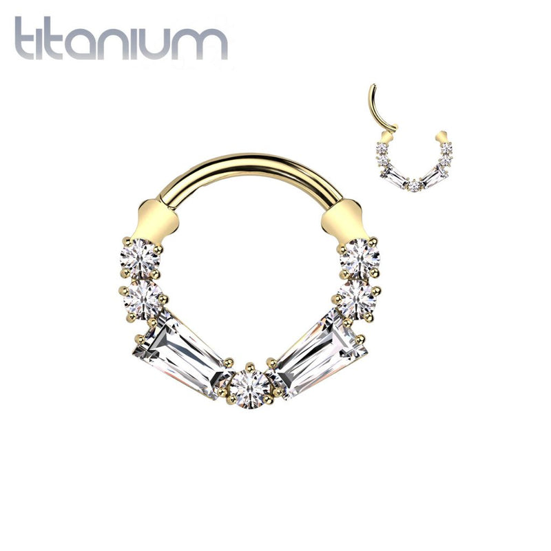 Implant Grade Titanium Gold PVD White CZ Baguette Gem Hinged Clicker Hoop - Pierced Universe