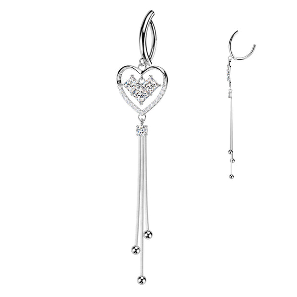 316L Surgical Steel White CZ Square Gem Heart Dangle Hinged Clicker Belly Ring - Pierced Universe