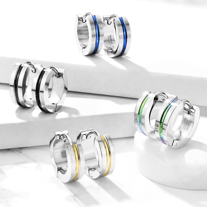 Pair of 316L Surgical Steel Rainbow PVD Thin Stripe Centre Hoop Earrings - Pierced Universe