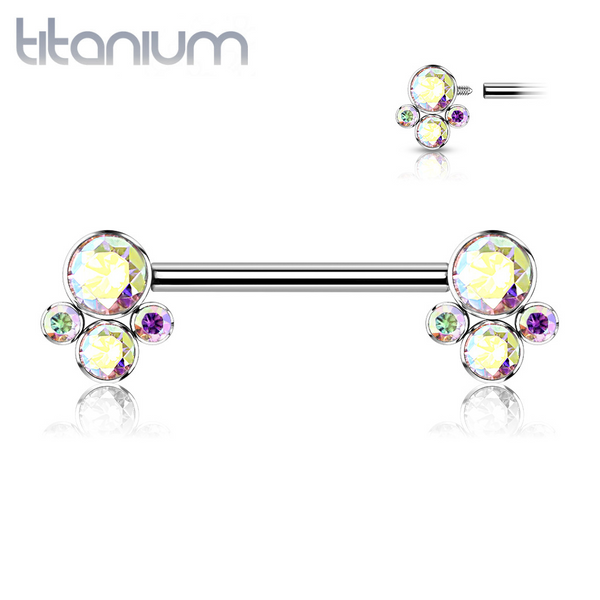 Implant Grade Titanium Internally Threaded Aurora Borealis CZ Cluster Nipple Ring Straight Barbell - Pierced Universe