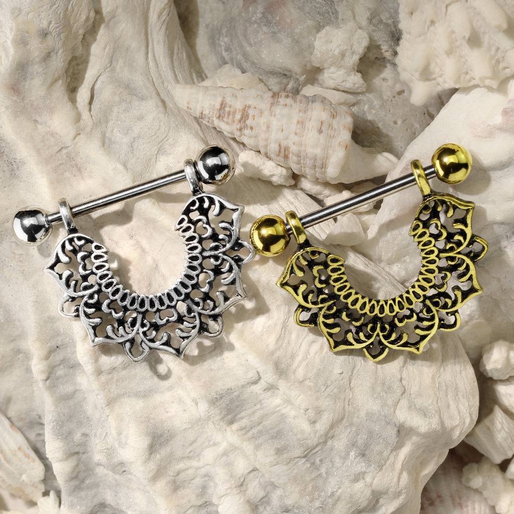 2-Piece Nipple Ring Set - 14g Gold Plated Barbell With Clear CZ Filigree Drop