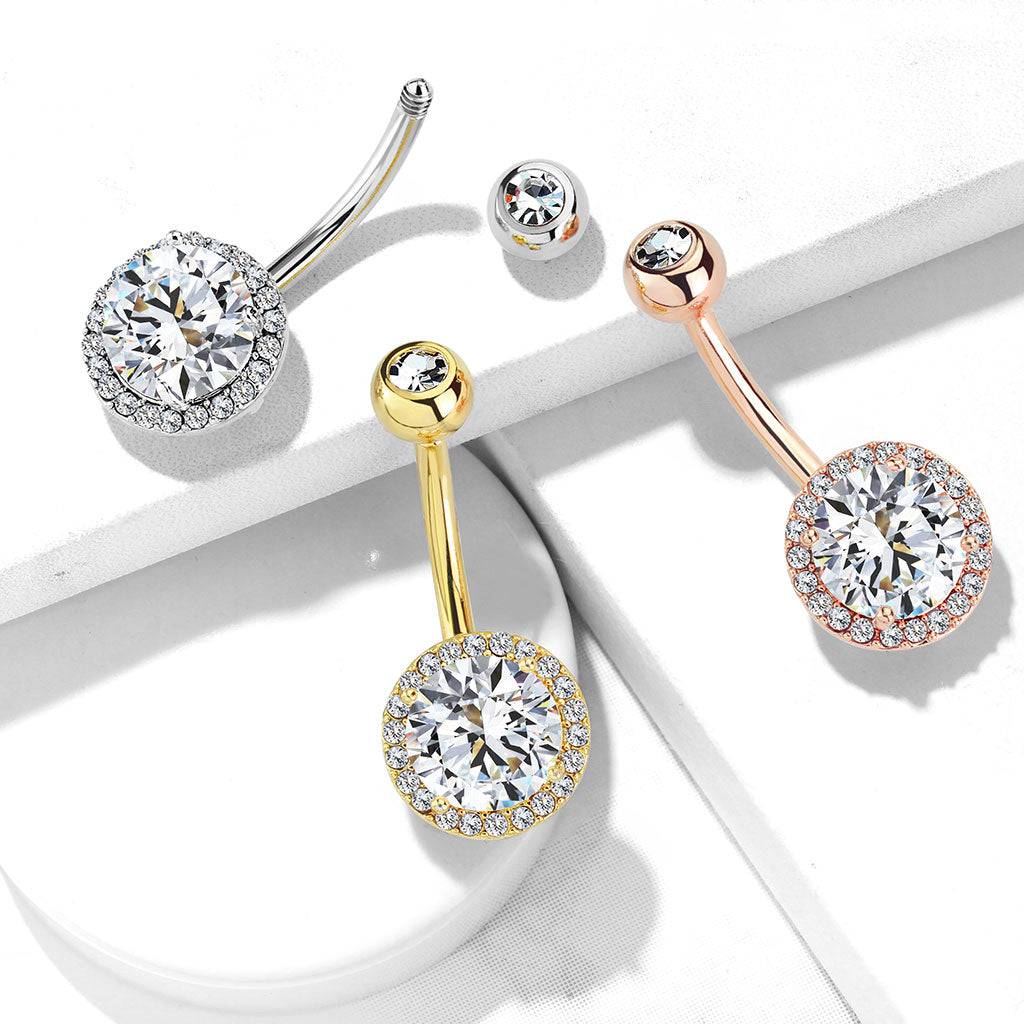 316L Surgical Steel Circle Pave White CZ Belly Ring