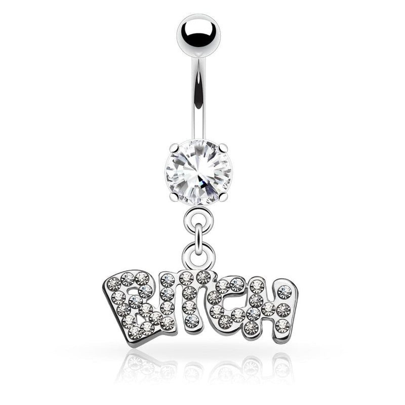 316L Surgical Steel White CZ "BITCH" Dangle Belly Ring - Pierced Universe
