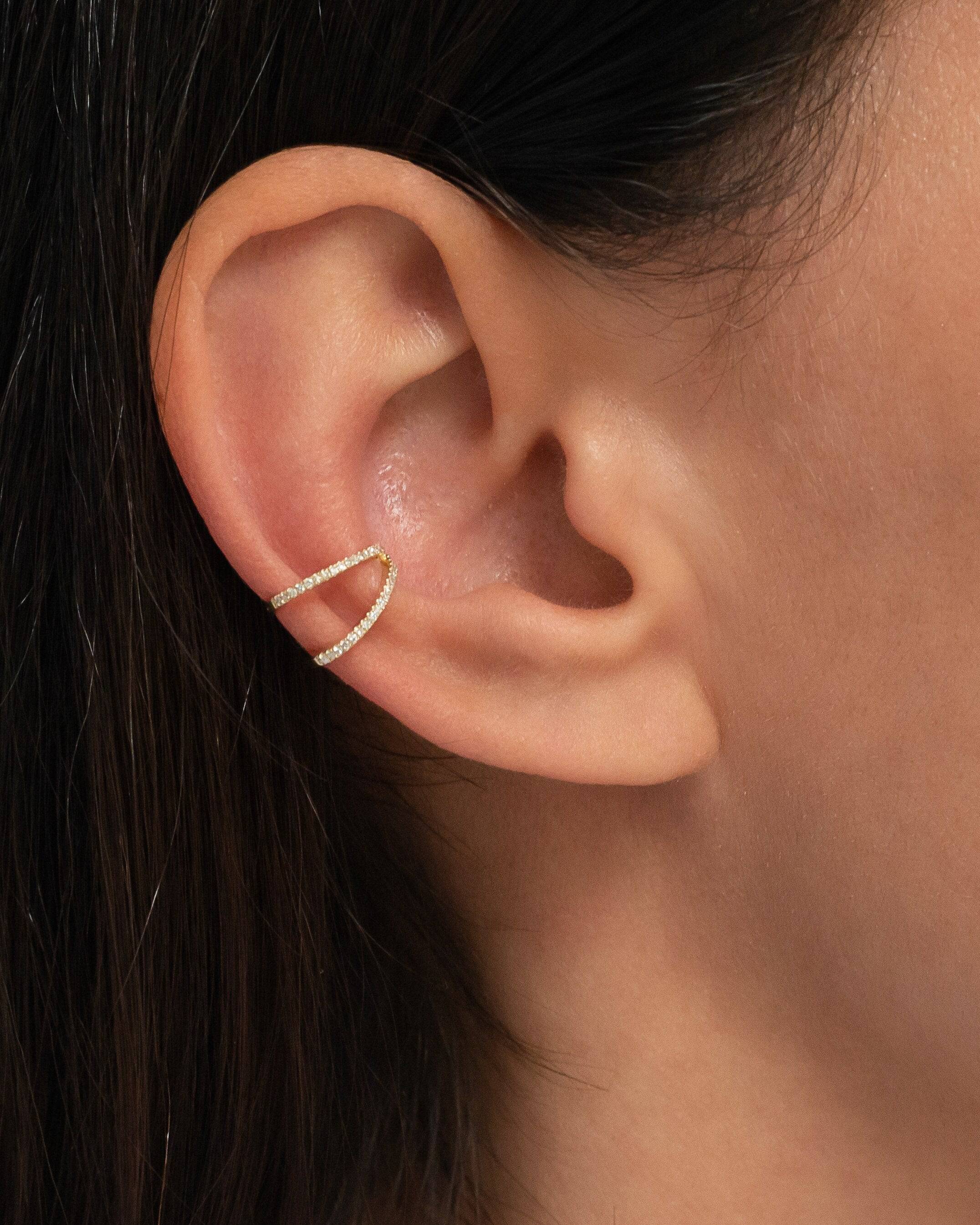 Ear Cuff Fake Piercing 925 Sterling Silver Double Band White CZ