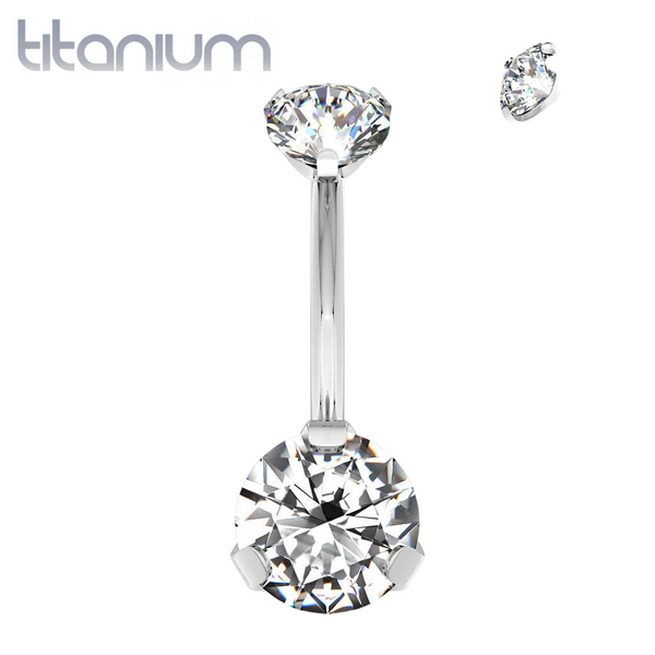 Implant Grade Titanium Internally Threaded White CZ Prong Belly Button Navel Ring - Pierced Universe