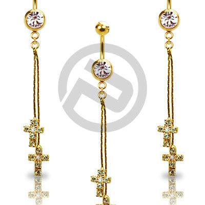 Gold Plated 2 Dangle Religious Cross Clear CZ Drop Dangle Belly Button Navel Ring - Pierced Universe