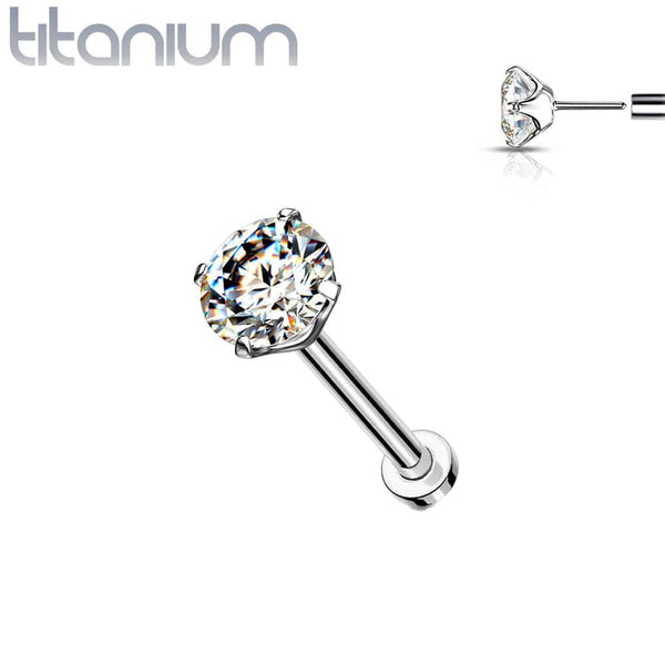 Implant Grade Titanium Threadless Push In Flat Back White Prong CZ Nose Ring Stud - Pierced Universe