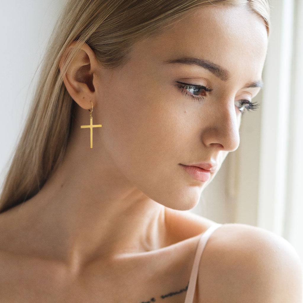 Pair 316L Surgical Steel Large Dangling Cross Earring Hoops Pierced Universe