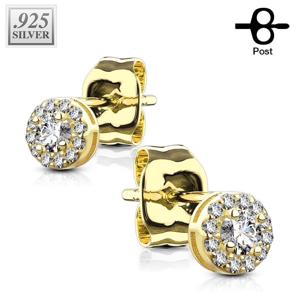 Pair of Gold Plated 925 Sterling Silver Small White Paved Circle Earring Studs Pair of Gold Plated 925 Sterling Silver Small White Paved Circle Earring Studs