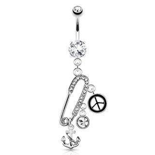 Surgical Steel Belly Button Navel Ring White CZ Safety Pin with