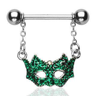 Surgical Steel Dangle Masquerade Green Drama Mask Nipple Ring Shield Barbell Surgical Steel Dangle Masquerade Green Drama Mask Nipple Ring Shield Barbell