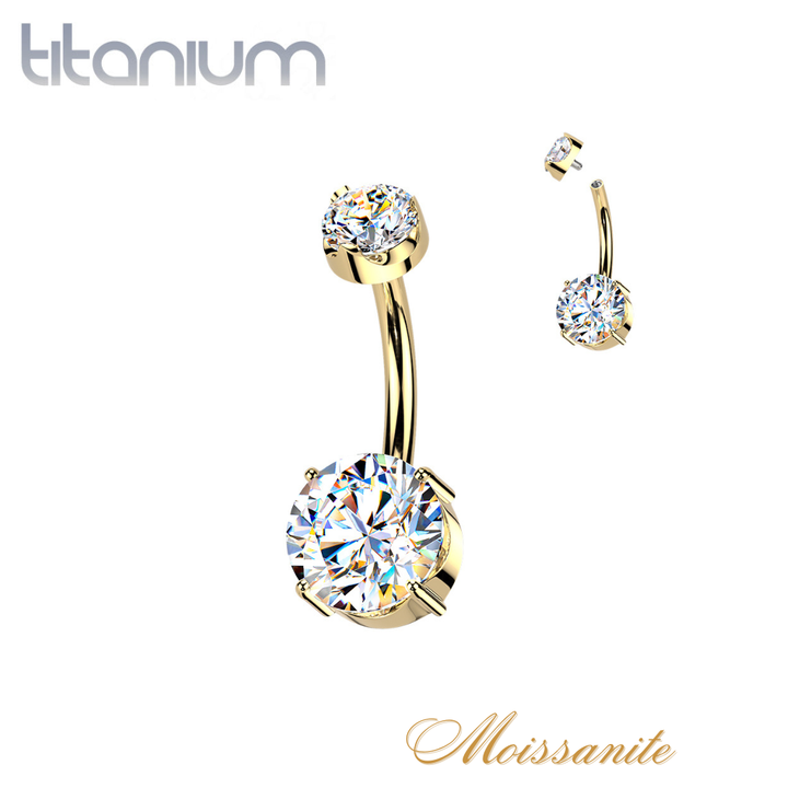 Implant Grade Titanium Gold PVD White Moissanite Internally Threaded Round Belly Ring - Pierced Universe