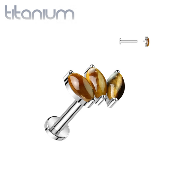 Implant Grade Titanium Triple Marquise Tiger's Eye Internally Threaded Flat Back Labret - Pierced Universe