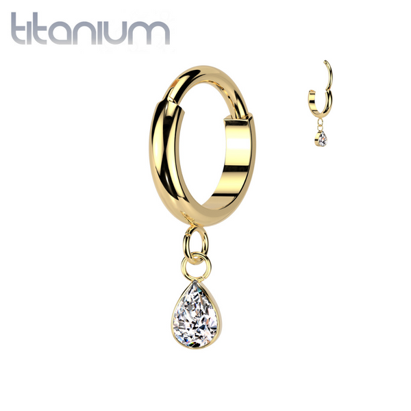 Implant Grade Titanium Gold PVD White CZ Teardrop Dangle Hinged Clicker Hoop - Pierced Universe