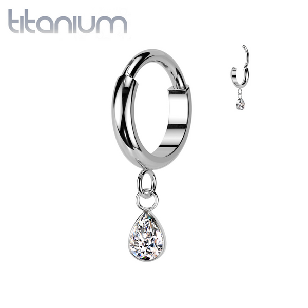 Implant Grade Titanium White CZ Teardrop Dangle Hinged Clicker Hoop - Pierced Universe