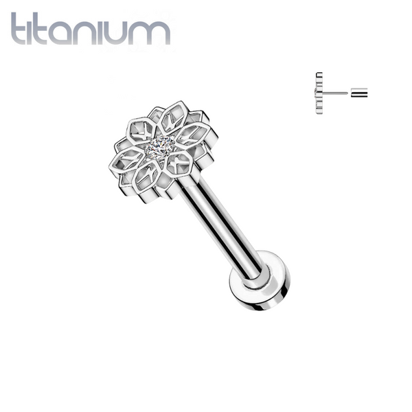 Implant Grade Titanium White CZ Large Flower Threadless Push In Labret - Pierced Universe