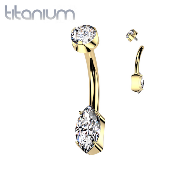 Implant Grade Titanium Gold PVD Dainty White Marquise CZ Internally Threaded Belly Ring