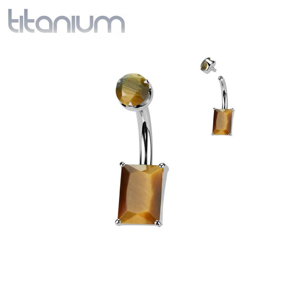 Implant Grade Titanium Tiger's Eye Stone Rectangle Internally Threaded Belly Ring