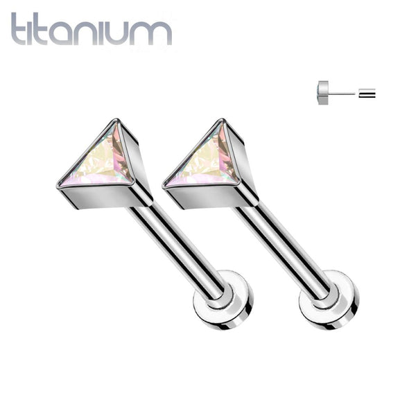 Pair of Implant Grade Titanium Aurora Borealis CZ Triangle Threadless Push In Earrings With Flat Back