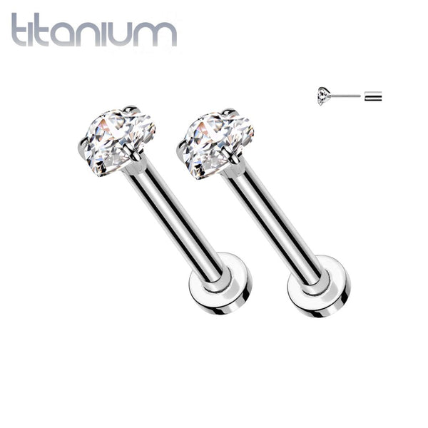Pair of Implant Grade Titanium White CZ Heart Shaped Gem Threadless Push In Earrings With Flat Back - Pierced Universe