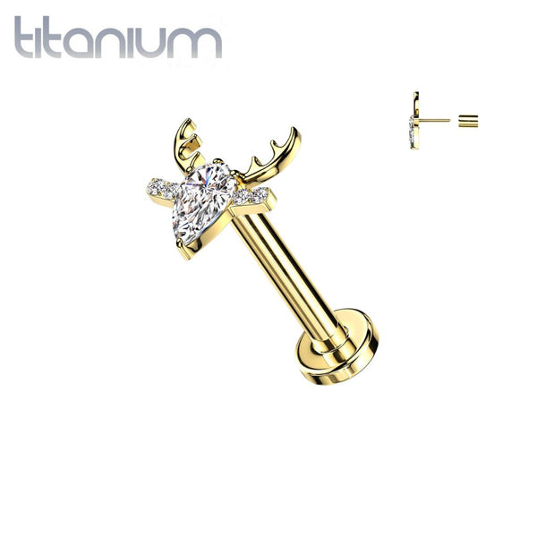 Implant Grade Titanium Threadless Gold PVD White CZ Deer Push In Labret With Flat Back - Pierced Universe