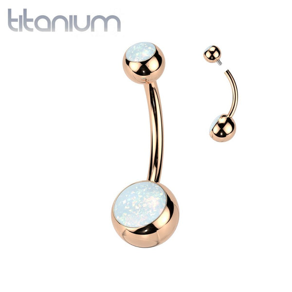 Implant Grade Titanium Rose Gold PVD White Opal Internally Threaded Belly Ring - Pierced Universe
