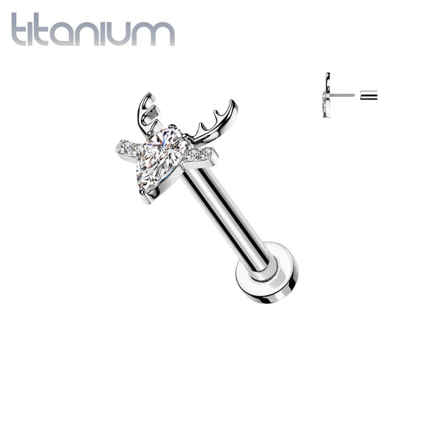 Implant Grade Titanium Threadless White CZ Deer Push In Labret With Flat Back - Pierced Universe