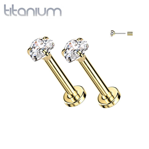 Pair of Implant Grade Titanium Gold PVD White CZ Heart Shaped Gem Threadless Push In Earrings With Flat Back - Pierced Universe