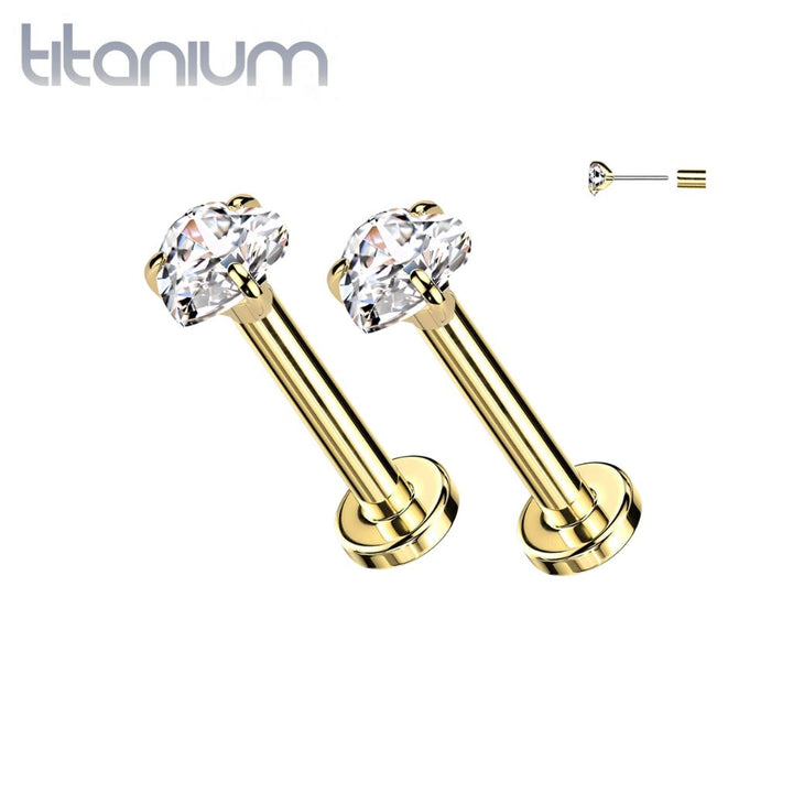 Pair of Implant Grade Titanium Gold PVD White CZ Heart Shaped Gem Threadless Push In Earrings With Flat Back - Pierced Universe