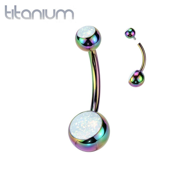 Implant Grade Titanium Rainbow PVD White Opal Internally Threaded Belly Ring - Pierced Universe
