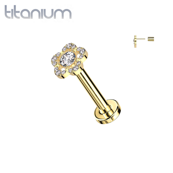 Implant Grade Titanium Threadless Gold PVD Large White CZ Petal Flower In Labret With Flat Back - Pierced Universe