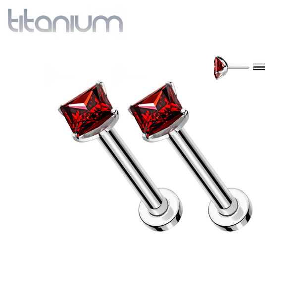 Pair of Implant Grade Titanium Threadless Square Red CZ Gem Earring Studs with Flat Back
