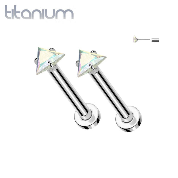 Pair of Implant Grade Titanium Aurora Borealis CZ Triangle Gem Threadless Push In Earrings With Flat Back - Pierced Universe