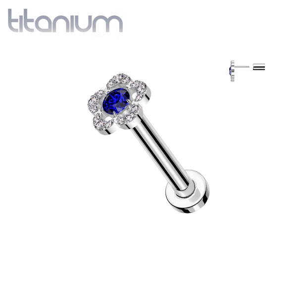 Implant Grade Titanium Threadless Large White & Blue CZ Petal Flower In Labret With Flat Back - Pierced Universe