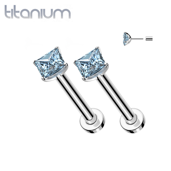 Pair of Implant Grade Titanium Threadless Square Aqua CZ Gem Earring Studs with Flat Back