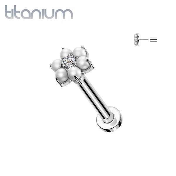 Implant Grade Titanium Large Pearl White CZ Flower Threadless Flat Back Labret - Pierced Universe