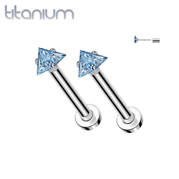 Pair of Implant Grade Titanium Aqua CZ Triangle Gem Threadless Push In Earrings With Flat Back - Pierced Universe