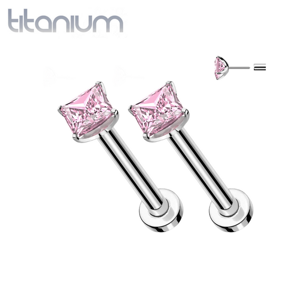 Pair of Implant Grade Titanium Threadless Square Pink CZ Gem Earring Studs with Flat Back