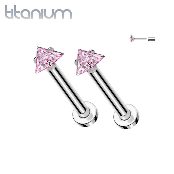Pair of Implant Grade Titanium Pink CZ Triangle Gem Threadless Push In Earrings With Flat Back - Pierced Universe
