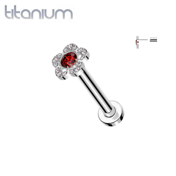Implant Grade Titanium Threadless Large White & Red CZ Petal Flower In Labret With Flat Back - Pierced Universe