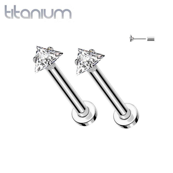 Pair of Implant Grade Titanium White CZ Triangle Gem Threadless Push In Earrings With Flat Back - Pierced Universe