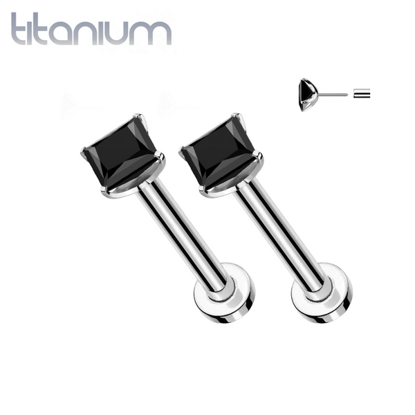 Pair of Implant Grade Titanium Threadless Square Black CZ Gem Earring Studs with Flat Back