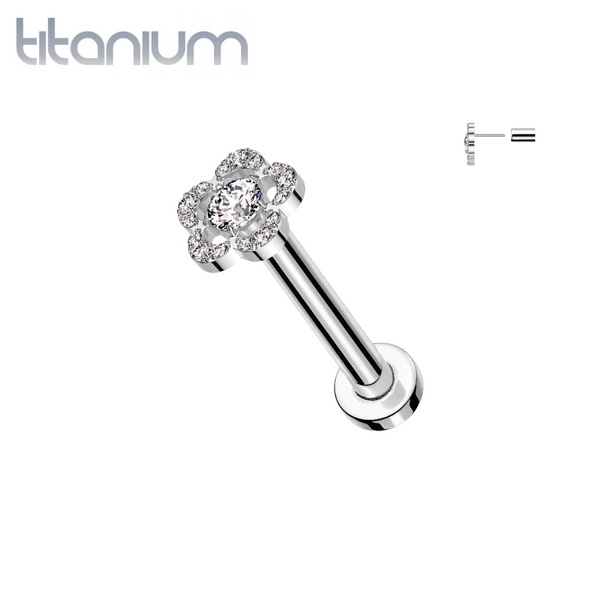 Implant Grade Titanium Threadless Large White CZ Petal Flower In Labret With Flat Back - Pierced Universe