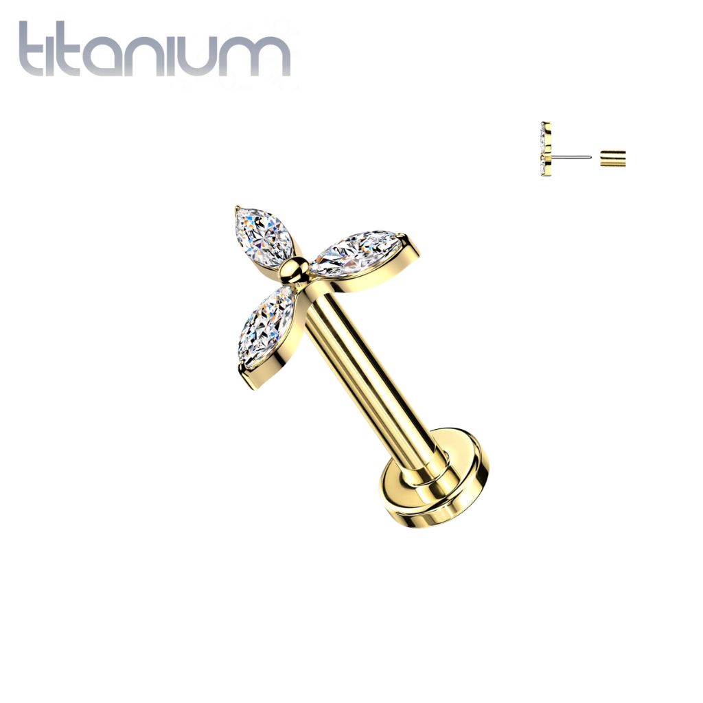 Trillium Inlay Implant Grade Titanium Gold PVD White CZ Trillium Flower Threadless La ...