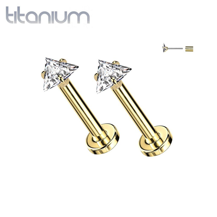 Pair of Implant Grade Titanium Gold PVD White CZ Triangle Gem Threadless Push In Earrings With Flat Back - Pierced Universe