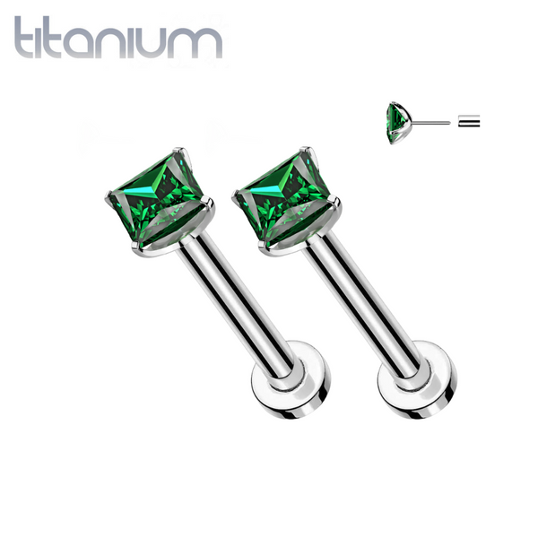 Pair of Implant Grade Titanium Threadless Square Emerald Green CZ Gem Earring Studs with Flat Back
