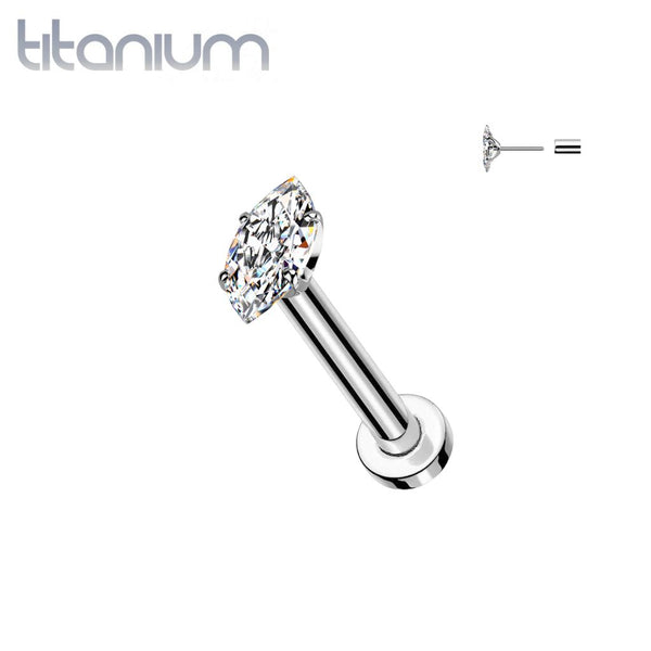 Implant Grade Titanium White CZ Clawed Marquise Gem Push In Threadless Labret With Flat Back